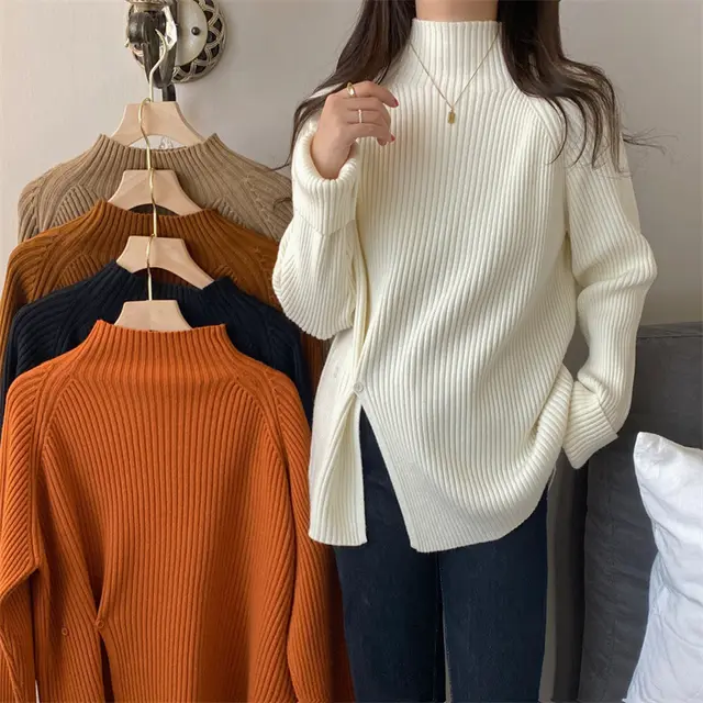 Autumn And Winter New Half Turtleneck Pullover Beige - Shop at LoveMi