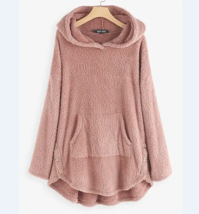 Hooded Pullover Long Sleeve Double sided Fleece Mid length Women's Sweater Pink - Shop at LoveMi