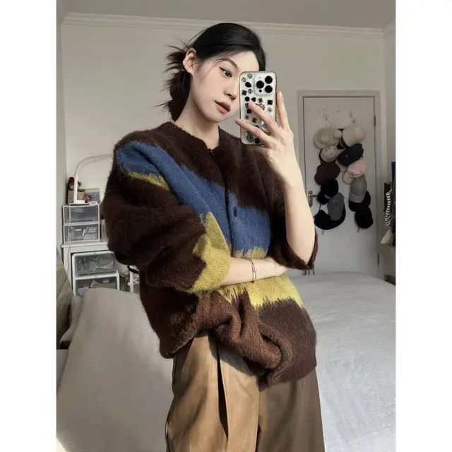 Sweater Spring And Autumn Retro Loose All matching Round Neck Multicolor Top Sunset Rattan Brown - Shop at LoveMi