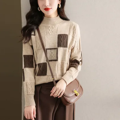 Autumn And Winter Extra Large Size Mock Neck Sweater Women's Loose Camel - Shop at LoveMi