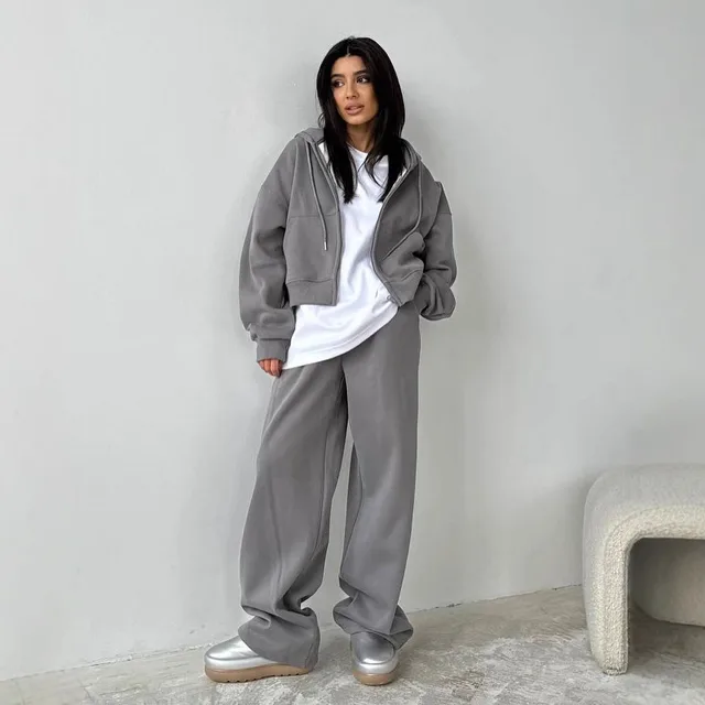 Women's Zipper Solid Color Long sleeved Hooded Sweater Straight Casual Pants Gray Q288 - Shop at LoveMi