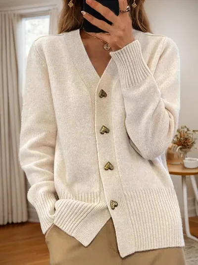 V neck Knitted Sweater With Love Button Fashion Solid Long sleeved Cardigan Spring And Autumn Women's Clothing Beige - Shop at LoveMi