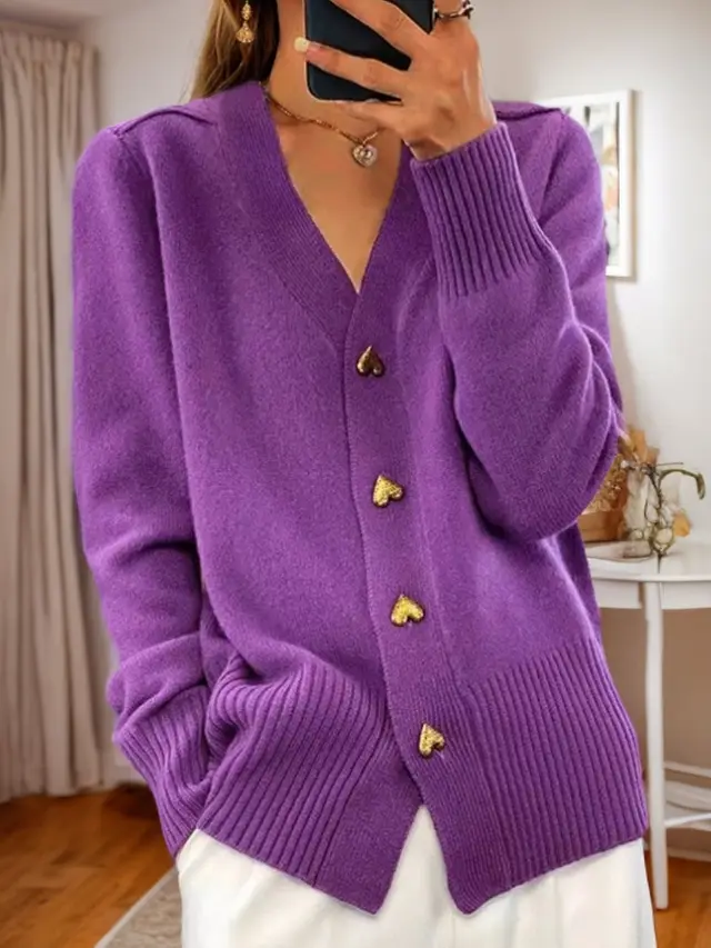 V neck Knitted Sweater With Love Button Fashion Solid Long sleeved Cardigan Spring And Autumn Women's Clothing Purple - Shop at LoveMi