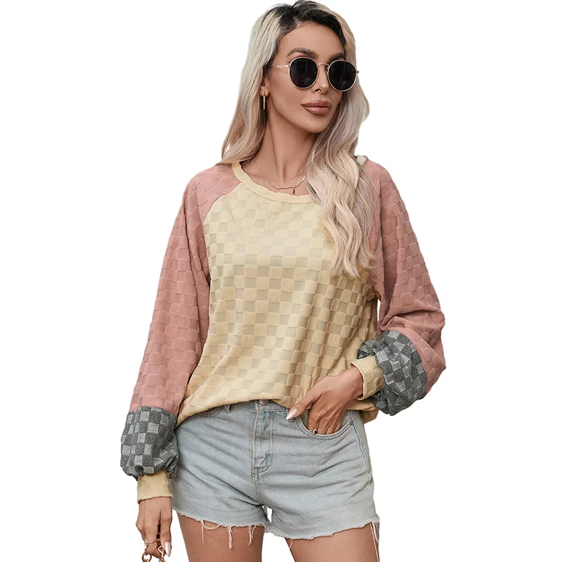 Loose Chessboard Plaid Texture Sweater For Women Khaki - Shop at LoveMi