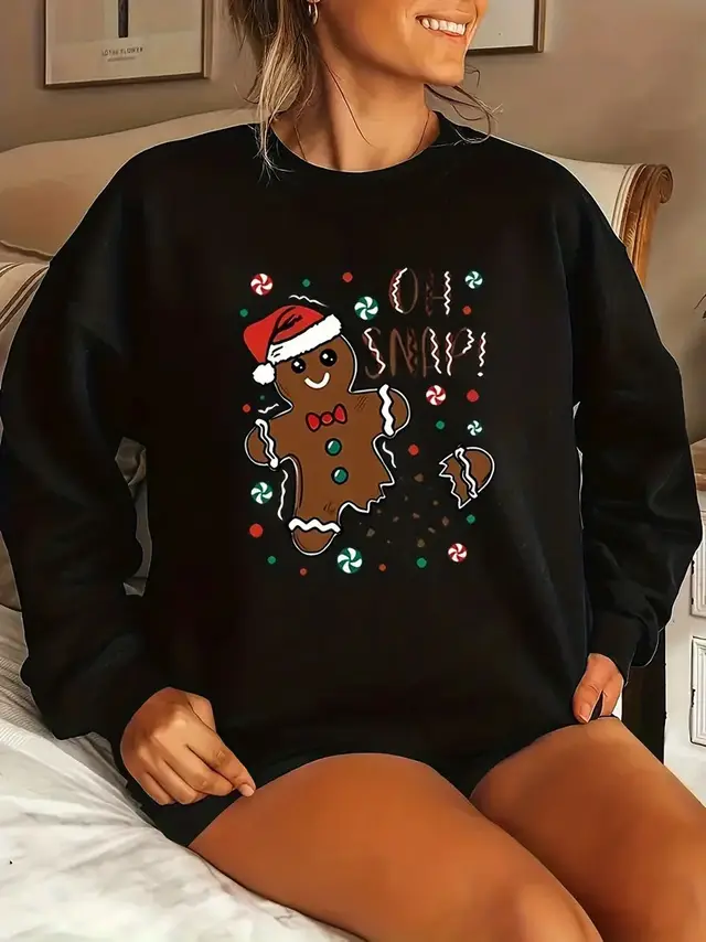 Ginger Cake Printed Sweater Kawaii Christmas Theme Black - Shop at LoveMi