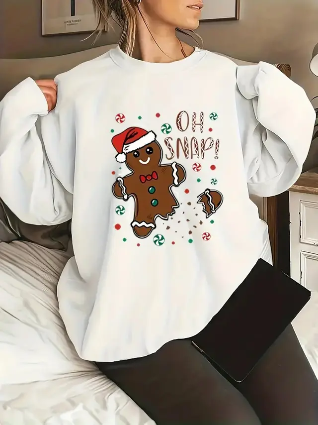 Ginger Cake Printed Sweater Kawaii Christmas Theme White - Shop at LoveMi