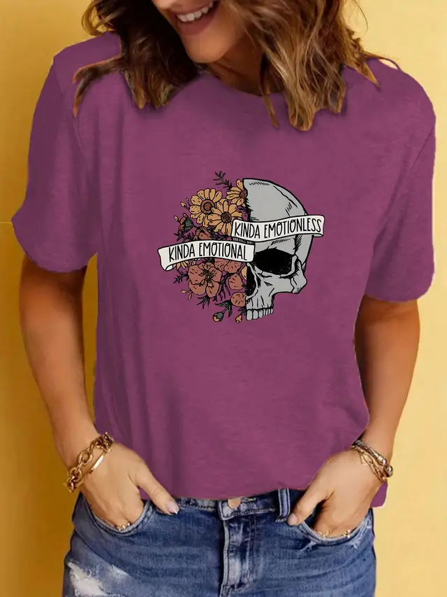 Summer Women's Graphic Print Crew Neck Short sleeved T shirt Dark Red - Shop at LoveMi