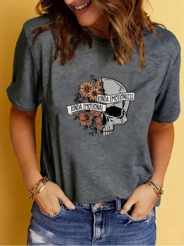 Summer Women's Graphic Print Crew Neck Short sleeved T shirt Floral Black - Shop at LoveMi
