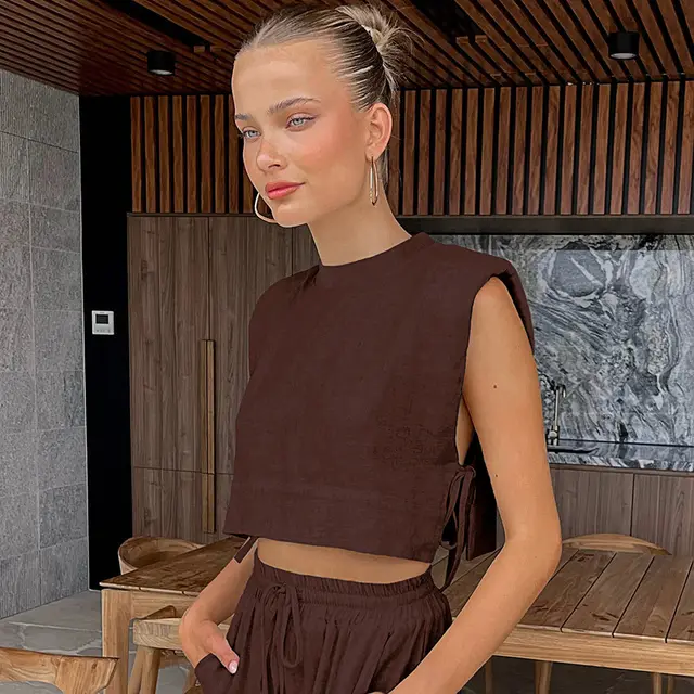 Women's European And American Casual Fashion Cotton And Linen Set Brown - Shop at LoveMi