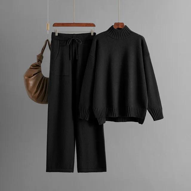 Women's Thick Loose Sweater Half high Collar Long Sleeves Knitting Suit Black - Shop at LoveMi