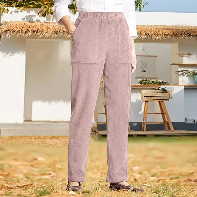 Women's Pure Color Elastic Waist Striped Straight Casual Pants Pink - Shop at LoveMi