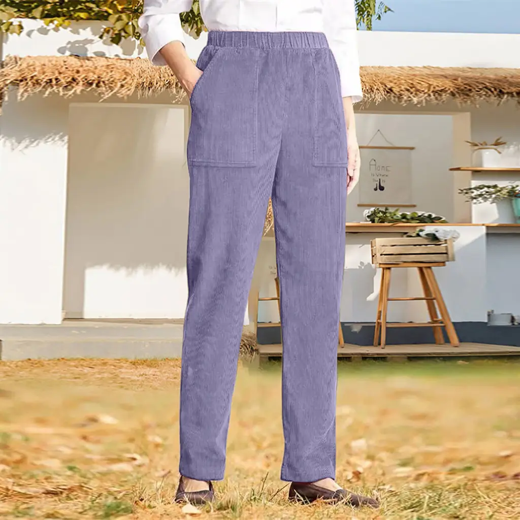 Women's Pure Color Elastic Waist Striped Straight Casual Pants - Purple