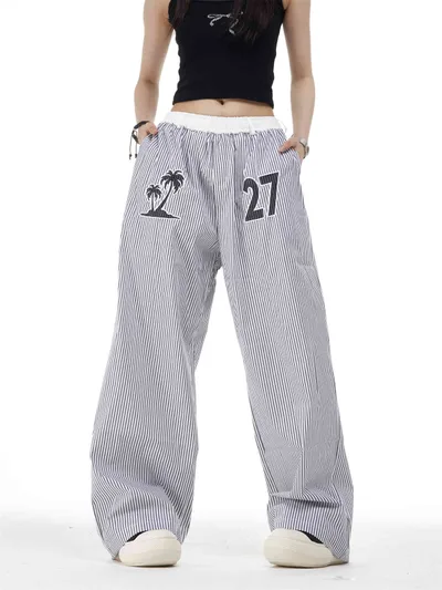 Vertical Stripes Embroidery Slimming Casual Pants Straight Wide Leg Pants Gray - Shop at LoveMi