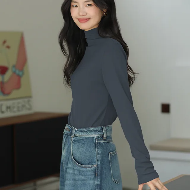 Women's Outer Casual Top Simple Mid collar Sweater Inner Wear Mineral Blue - Shop at LoveMi