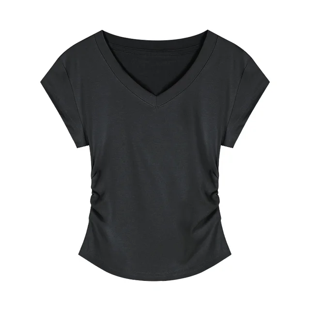 V neck Short sleeved Shoulder T shirt Design Tight Waist Bottoming Shirt Dark Gray - Shop at LoveMi