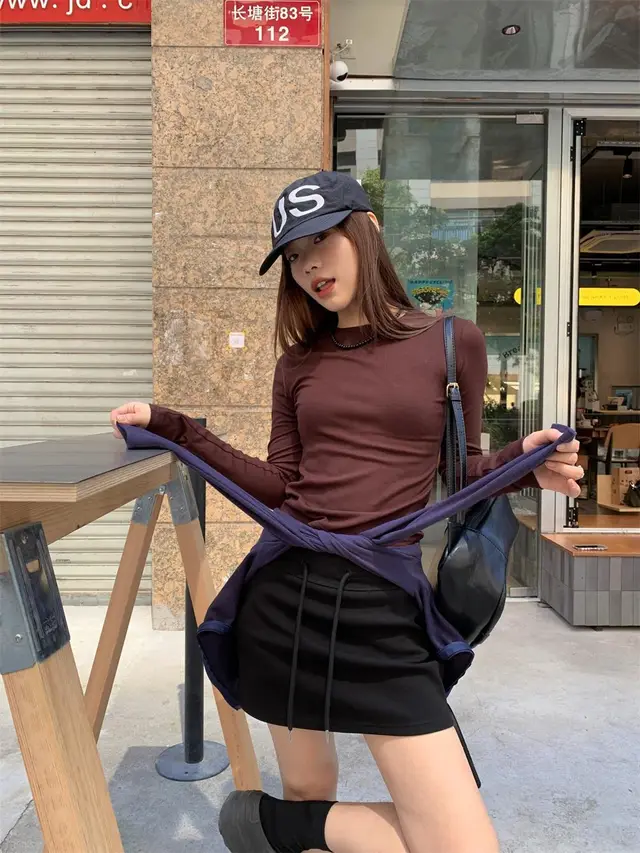 Versatile Slim fit Long Sleeve T shirt Women's Slimming Stretch Brown - Shop at LoveMi