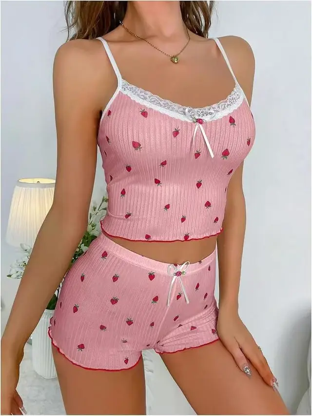 New Printed Big Pit Strip Home Ladies Bow Suspender Shorts Strawberry Printed Two piece Suit Lace Pink - Shop at LoveMi