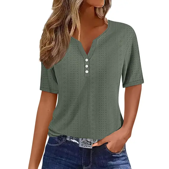 Loose V neck Jacquard Hollow out Short sleeved T shirt Green - Shop at LoveMi