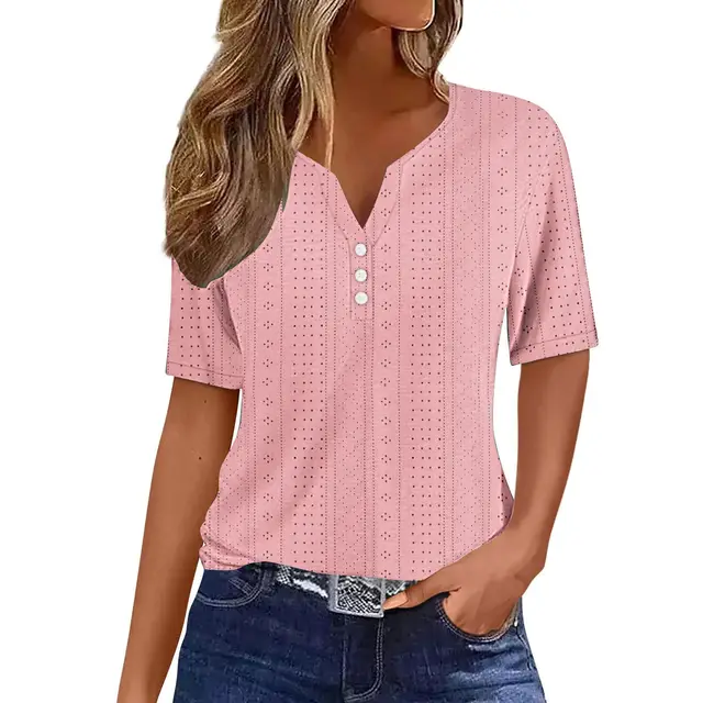 Loose V neck Jacquard Hollow out Short sleeved T shirt Pink - Shop at LoveMi
