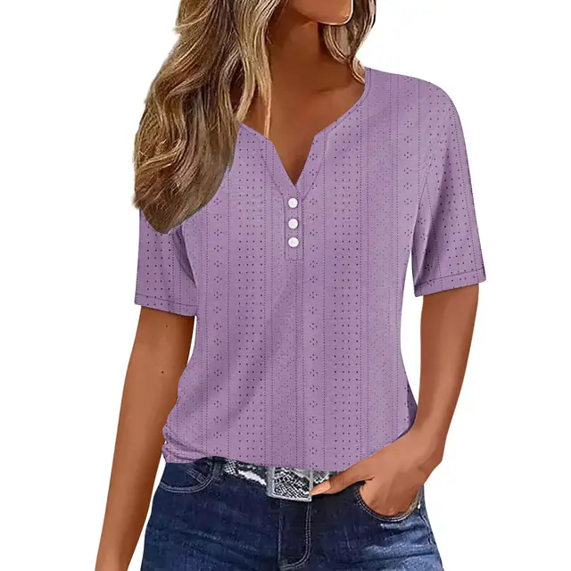Loose V neck Jacquard Hollow out Short sleeved T shirt Purple - Shop at LoveMi