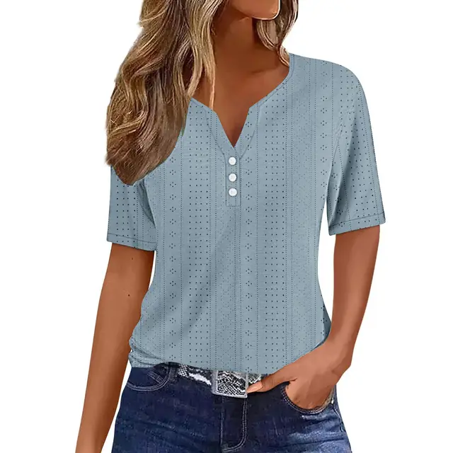 Loose V neck Jacquard Hollow out Short sleeved T shirt Sky Blue - Shop at LoveMi