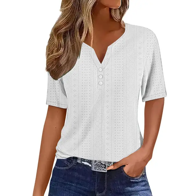 Loose V neck Jacquard Hollow out Short sleeved T shirt White - Shop at LoveMi