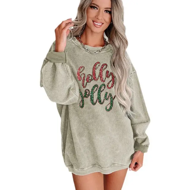 Round neck Pullover Sequined Printed Loose Long Sleeves Top For Women Lc25316789 Green - Shop at LoveMi
