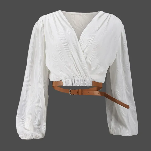 Belt Adjustable Waist Lantern Long Sleeve Shirt White - Shop at LoveMi