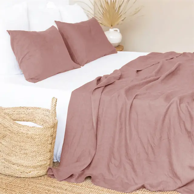 Simple Plain Linen Solid Color Single Double Bed Sheet Cameo Red - Shop at LoveMi