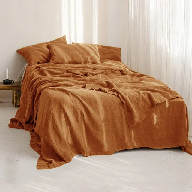 Simple Plain Linen Solid Color Single Double Bed Sheet Caramel Color - Shop at LoveMi