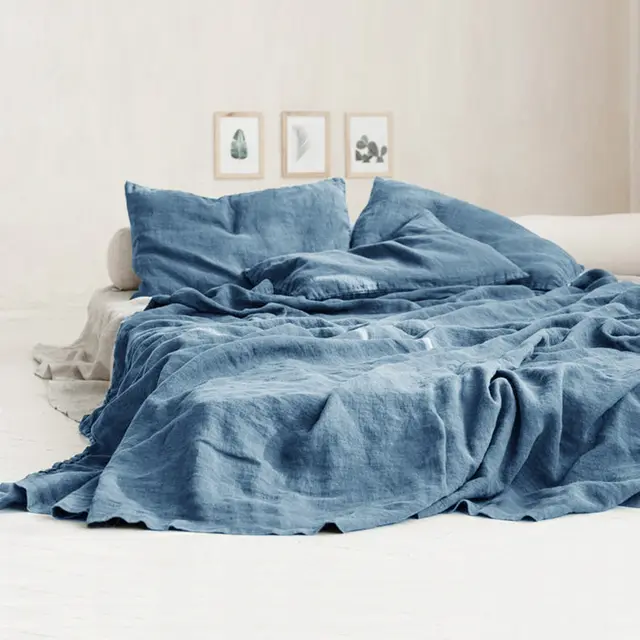 Simple Plain Linen Solid Color Single Double Bed Sheet Gray Blue - Shop at LoveMi