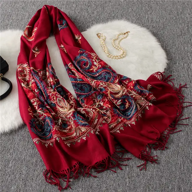Fashion Embroidered Shawl Warm Thick Women Nepal Cashew Wine Red - Shop at LoveMi