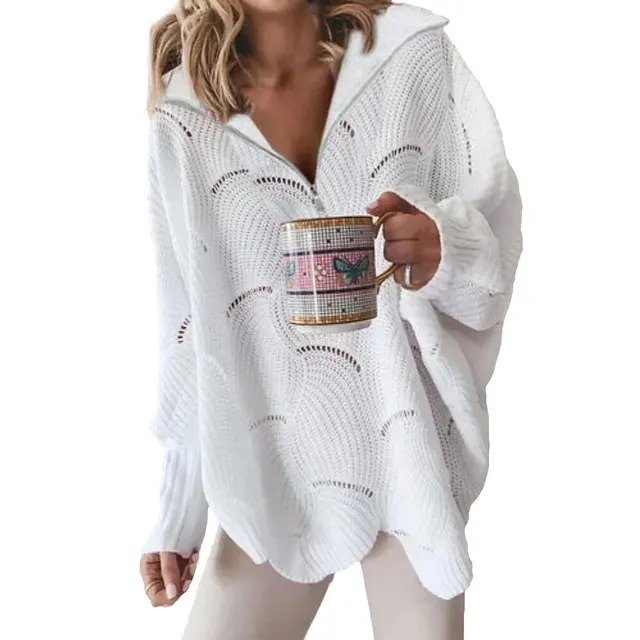 Autumn And Winter New Loose Long Sleeve V neck Zipper Solid Color Sweater White - Shop at LoveMi