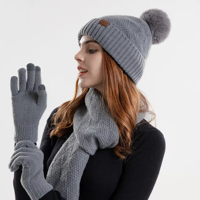 Knitted Woolen Cap Women's Warm Hat Scarf Gloves Three piece Set Gray - Shop at LoveMi
