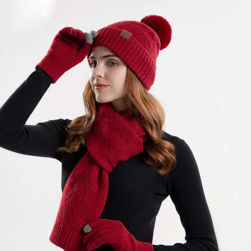 Knitted Woolen Cap Women's Warm Hat Scarf Gloves Three piece Set Wine - Shop at LoveMi
