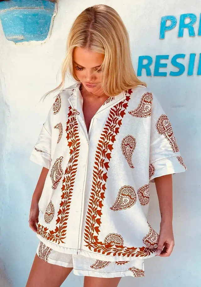 Printed Loose Short Sleeve Shirt Top Casual Shorts Suit Khaki - Shop at LoveMi