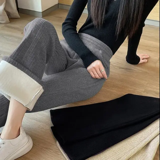 All matching Straight Casual Fleece And Thick Slightly Flared Wide leg Pants For Women Gray Cropped Pants With Velvet - Shop at LoveMi
