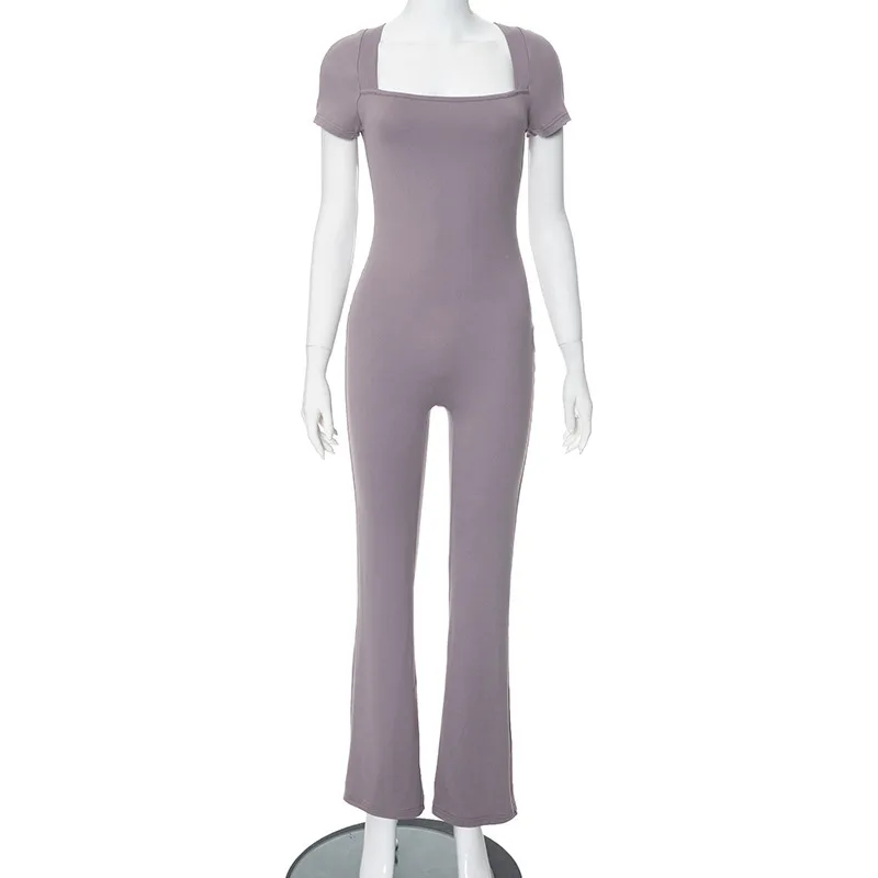 Solid Color Square Collar Short sleeved Jumpsuit Purple - Shop at LoveMi