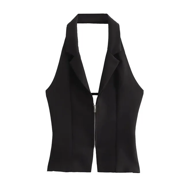 Slim fit Zipper Design Backless Hanging Collar Top Black - Shop at LoveMi
