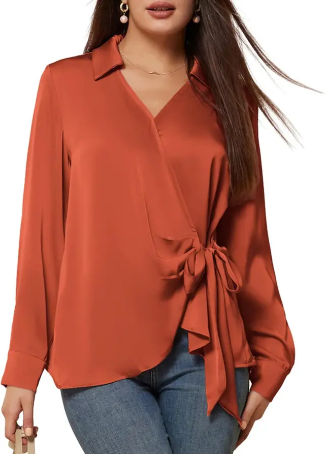 Design Sense Commuting Elegant Beautiful High Sense Waist Trimming Lace Up Long Sleeve Shirt Coral - Shop at LoveMi