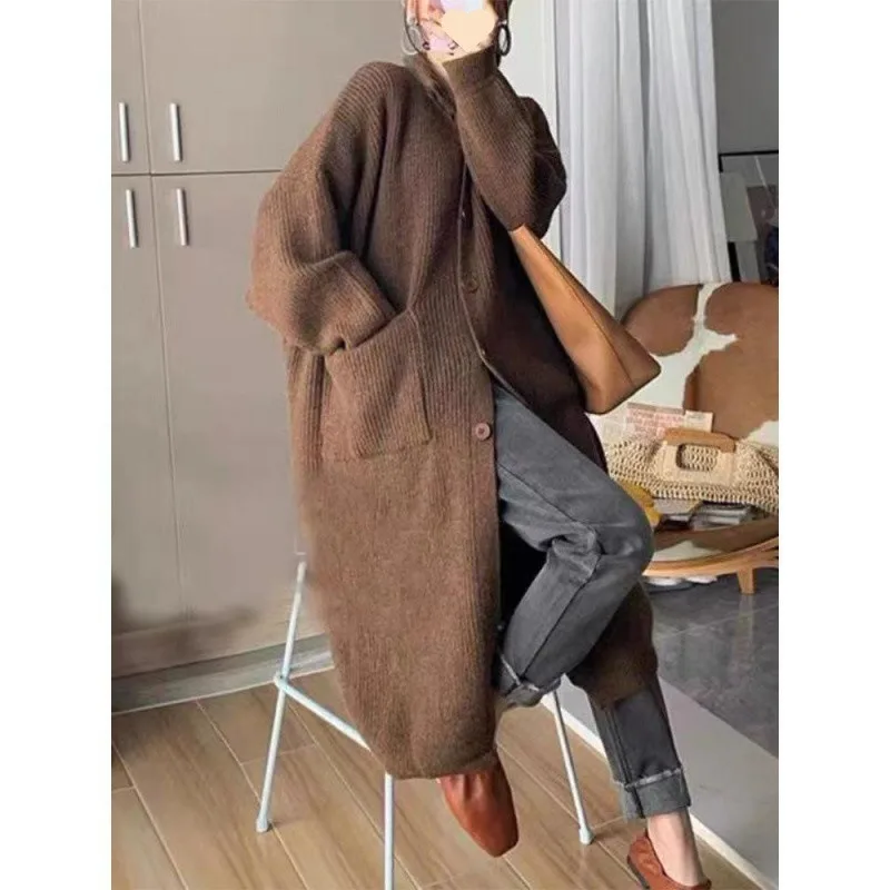 Turtleneck Sweater Women's Single-breasted Solid Colour Long Sleeve Coat - Brown