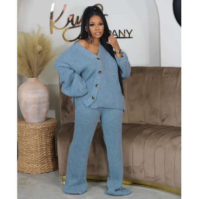 V neck Double breasted Cardigan Wide Leg Trousers Sweater Suit Gray - Shop at LoveMi
