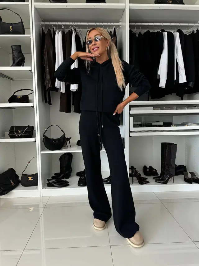 Women's Solid Color Hooded Long Sleeved Sweatshirt Wide Leg Pants Set Black - Shop at LoveMi