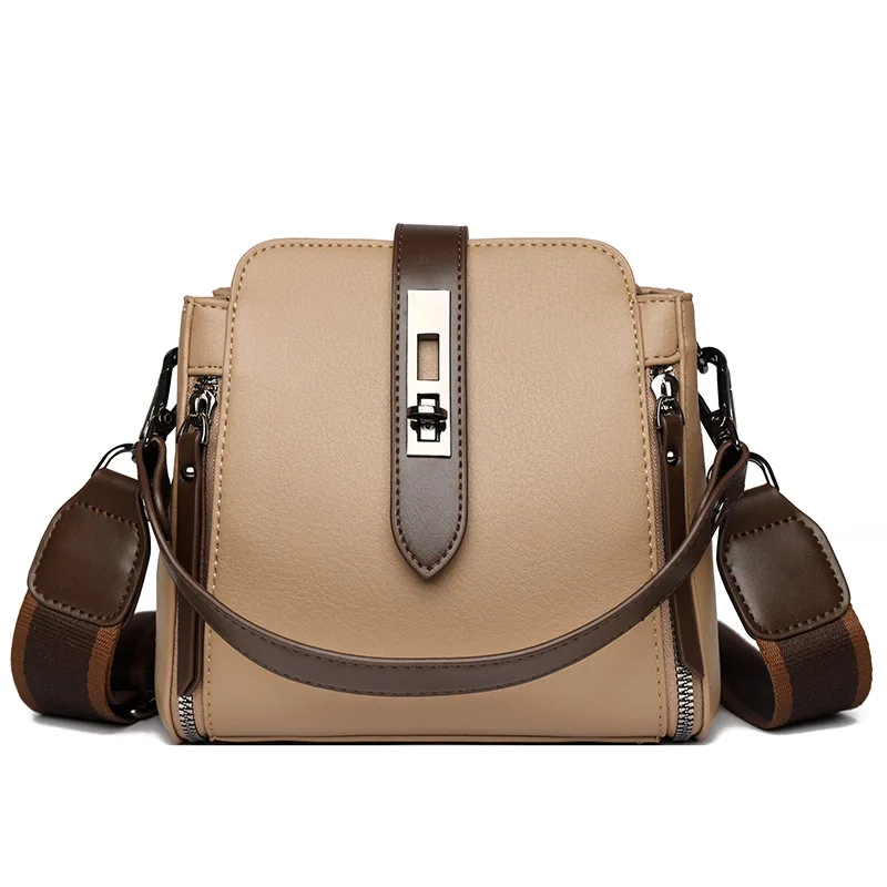 Soft Leather Bucket Large Capacity Handbag Crossbody Bag Khaki - Shop at LoveMi