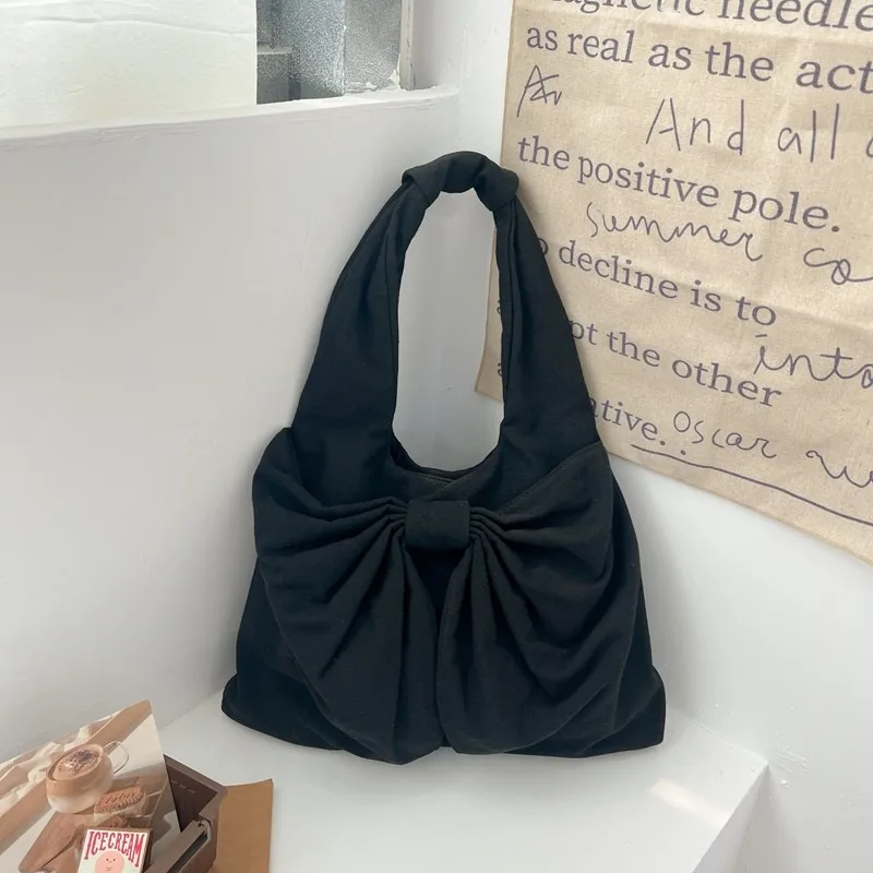 Large Capacity Bow Shoulder Underarm Tote Bag Washed Denim Canvas Bag Black - Shop at LoveMi