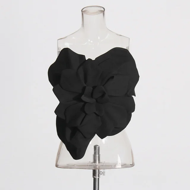 Three dimensional Flower Backless Tube Top Vest Black - Shop at LoveMi