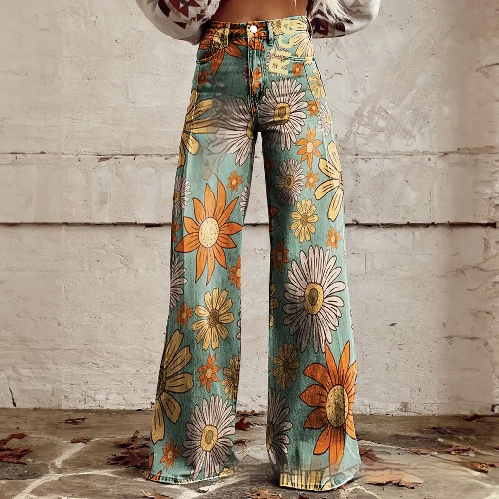 Foreign Trade Plus Size Women's Casual Pants Thin Imitation Jeans Wide Leg - Imitation Denim 8