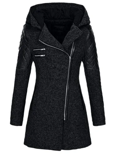 Women Warm Slim Full Zipper Coat Thick Woolen Coat Female Fall Winter Windbreaker Hooded Diagonal Zipper Women's Clothing Black - Shop at LoveMi