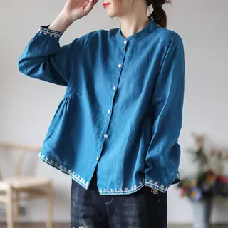 Vintage Embroidered Cardigan Loose Casual Top - Blue