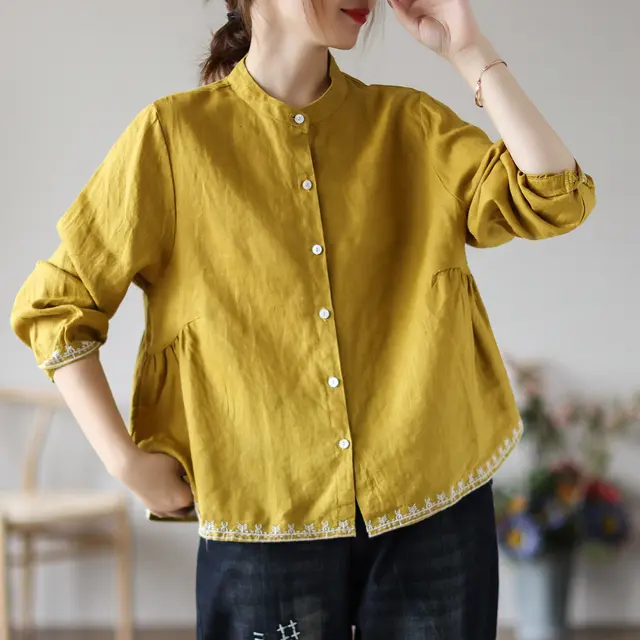 Vintage Embroidered Cardigan Loose Casual Top Yellow - Shop at LoveMi
